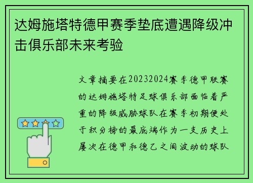 达姆施塔特德甲赛季垫底遭遇降级冲击俱乐部未来考验