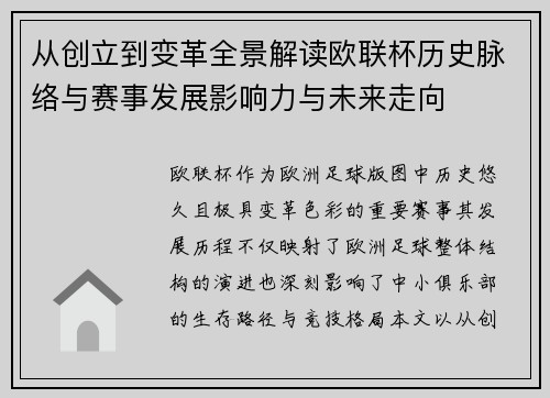从创立到变革全景解读欧联杯历史脉络与赛事发展影响力与未来走向